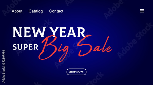 Happy New Year landing page promotions vector illustration backround. Profitable proposition save 10 percent this week only. Landing page with fall leaves and sign up button.