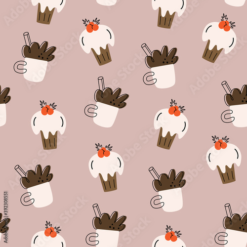 Christmas vector seamless pattern. Cocoa, cupcake. Hand-drawn simple design