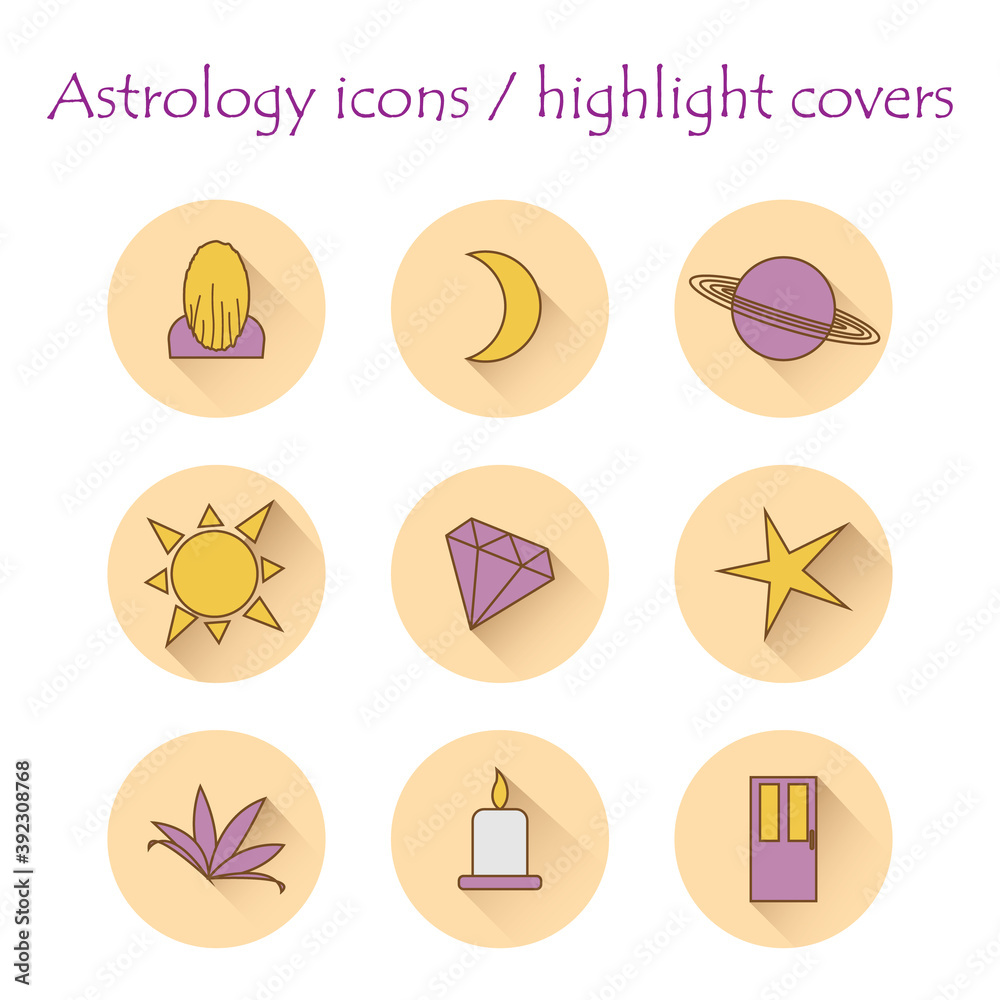 set of astrological icons, covers the highlights of astrology. Vector flat illustration.