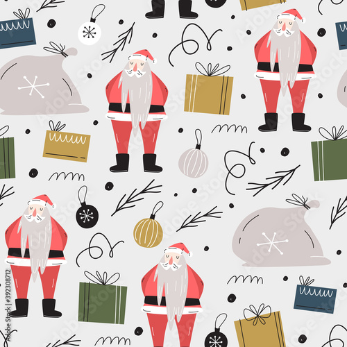 Christmas vector seamless pattern. Gift bag, Santa Claus, gifts, decorations. Hand-drawn simple design
