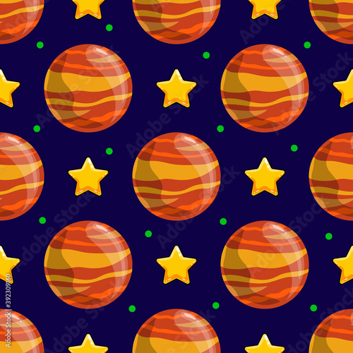Seamless pattern with cartoon vector planet and stars