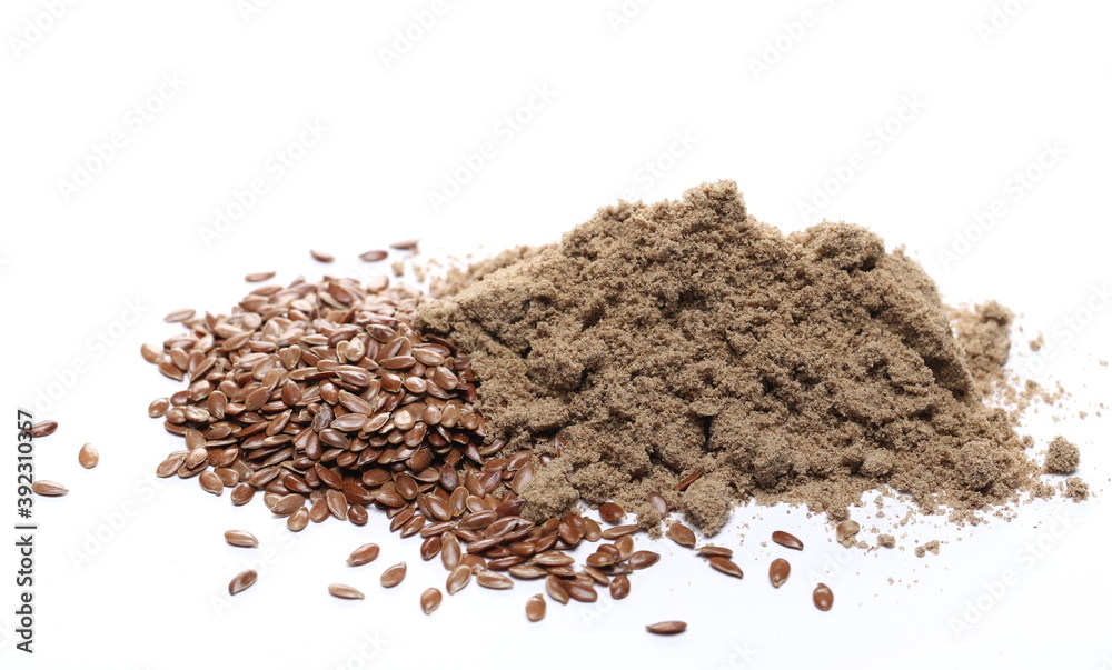 Organic linseed protein powder and flax seed pile isolated on white background Organic linseed protein powder and flax seed pile isolated on white background