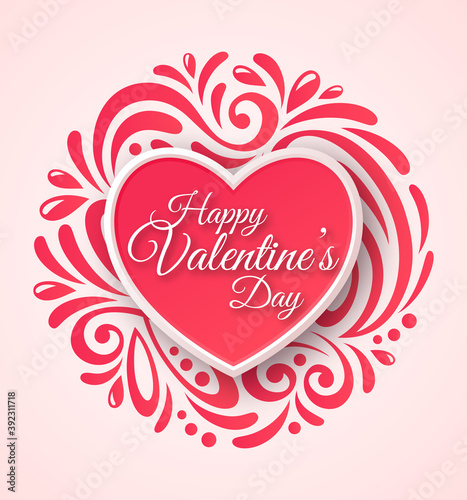 Pink Paper Heart. Valentines Day Greeting Card on Ornate Background. Vector Illustration. Romantic Lovely Frame Design for Mothers Day.