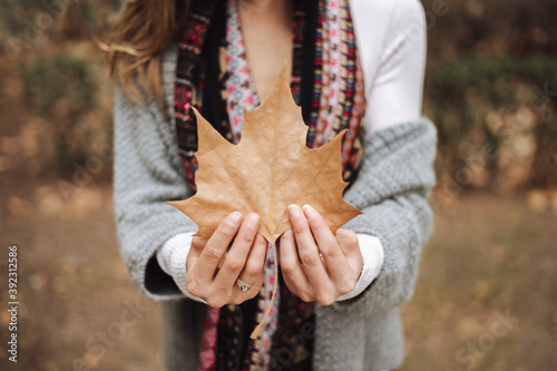 A young girl's hands holding a dry leaf in autumn. Selective focus.
