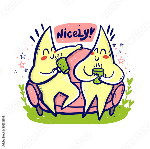 Vector doodle illustration of tea or coffee time on a two stars sofa. Funny kind cute concept perfect for home wear or sleepwear