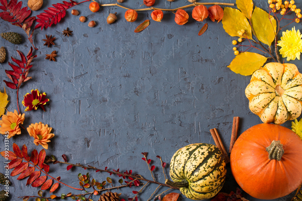 Εκτύπωση καμβά Autumn leaves, pumpkin, pine cones and flowers on gray background with copy space
