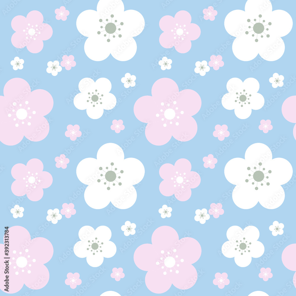 Seamless pattern with white and pink flowers on blue background. Seamless pattern with white and pink flowers on blue background.