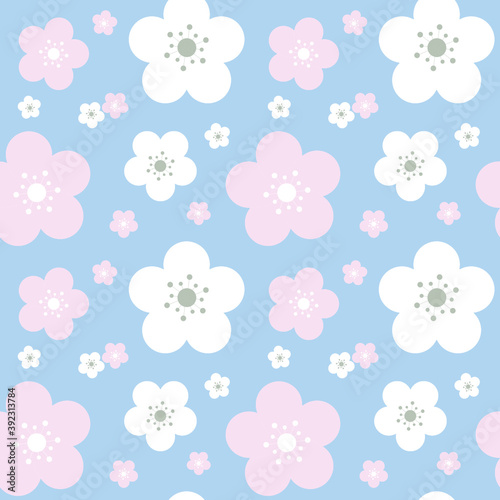 Seamless pattern with white and pink flowers on blue background. 