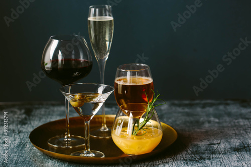 A tray of drinks. photo