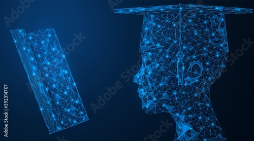 The concept of learning. A graduate student gets knowledge from a book. Low-poly design of interlocking lines and dots. Blue background.