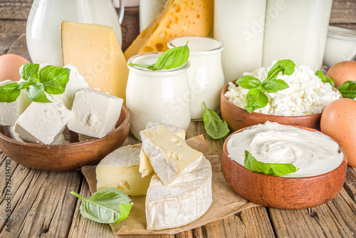 Photography Set of Various Fresh Dairy Products - milk, cottage cheese, cheese, eggs, yogurt