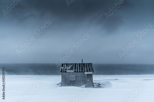 A wooden cabin over the Artic ocean during the severe snow wind but perfect for isolation. photo