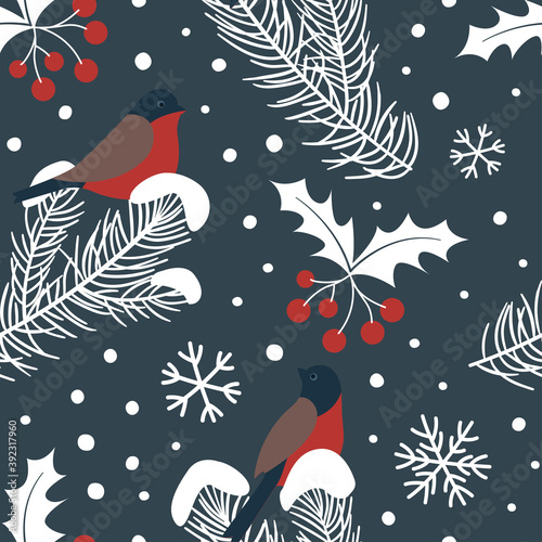 Seamless pattern with bullfinches and fir branches in the snow. Christmas and New Year design.