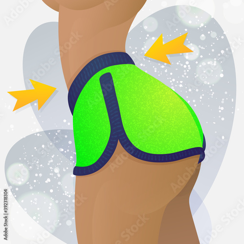 Active sport girl with beatyfull ass in green panties, shorts. Yellow arrows show thin waist. White, silver, gray bokeh background. Fitness element for banner, cards, poster, offers, advirtising.