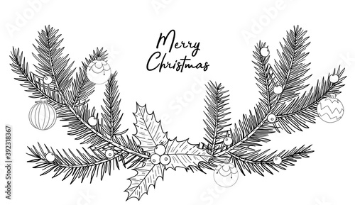 Bw wreath for Christmas and New Year.A tree twig, needles, pine, berry, holly, cotoneaster, flower, balls, baubles, bulbs. Merry christmas lettering. Isolated vector illustrations on black background.