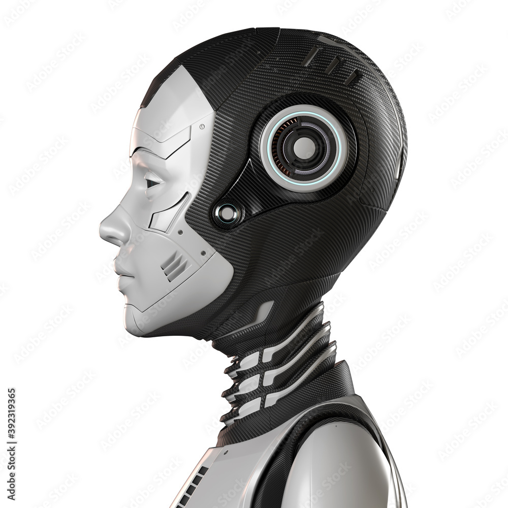3d render of a very detailed female robot or futuristic cyber girl. Side or in profile view isolated on white background 3d render of a very detailed female robot or futuristic cyber girl. Side or in profile view isolated on white background