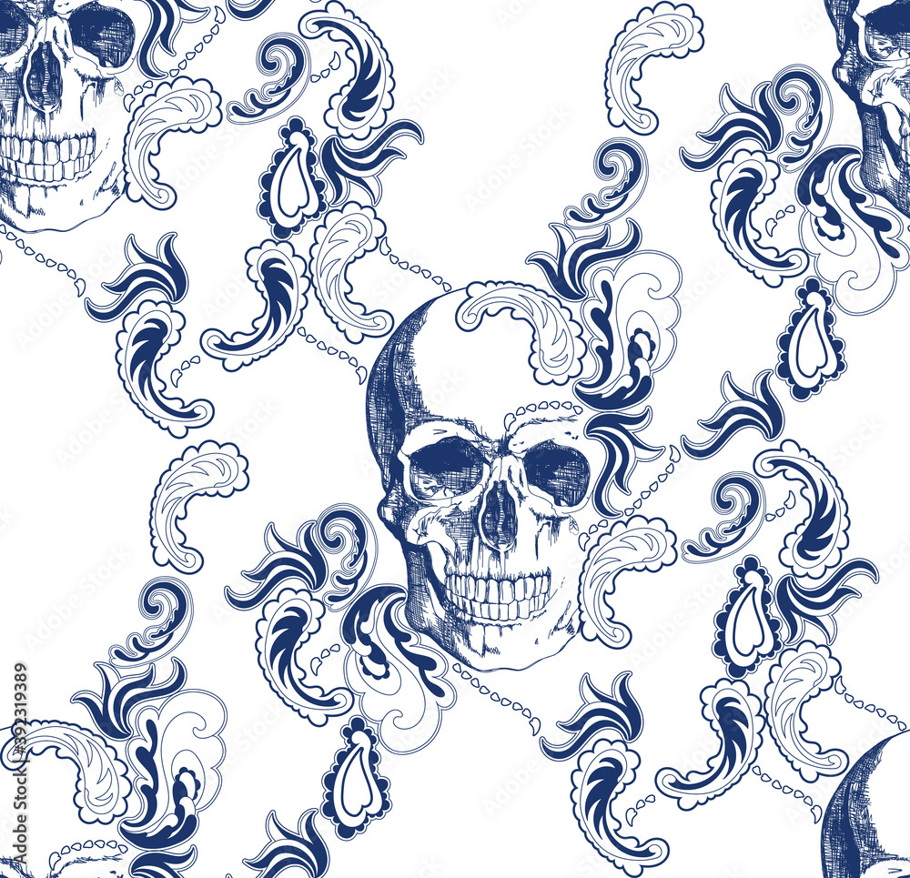 Naklejka Vintage blue skull with flowers seamless pattern