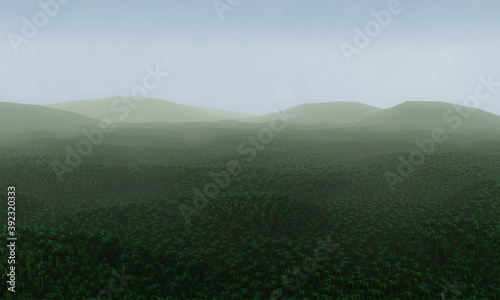 A vast forest full of fresh green trees. Extensive rainforest Fog fades in the morning. The morning sun shines on the mountains. 3D Rendering
