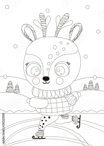 Coloring page with outline cute black and white deer rolling on ice on a skating rink in the forest. For children. Fawn character. Vector.
