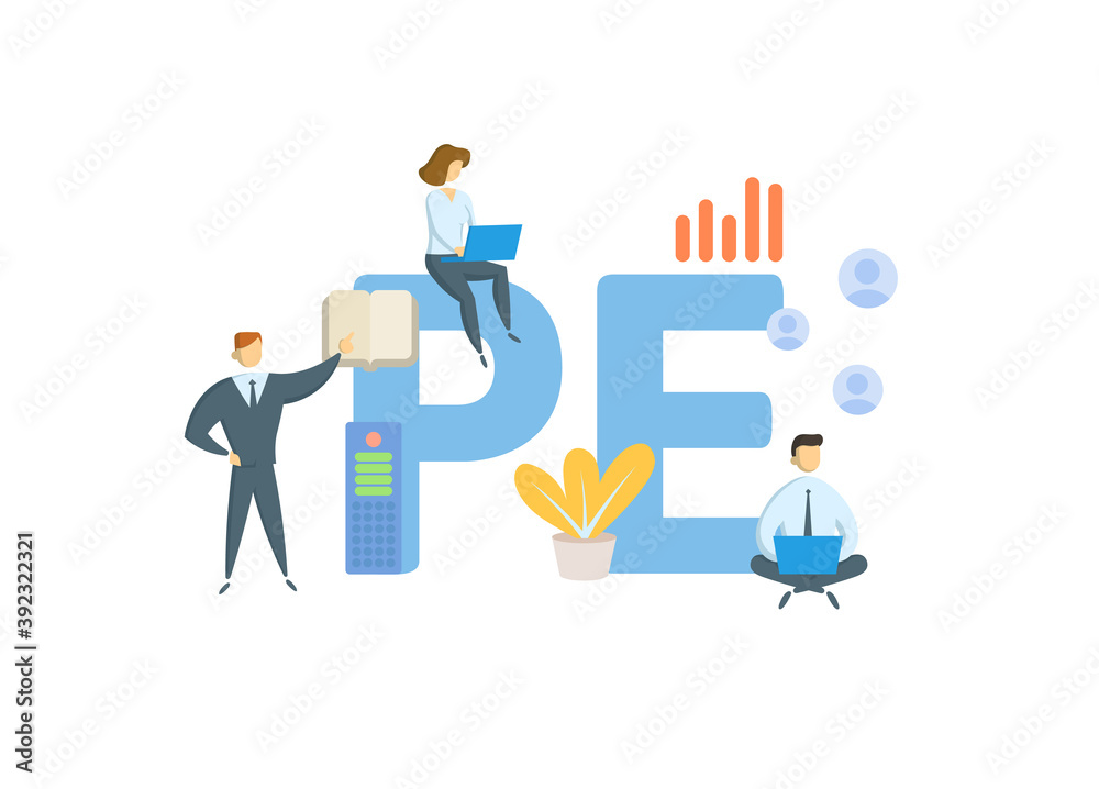 PE, Private Equity. Concept with keywords, people and icons. Flat vector illustration. Isolated on white background.