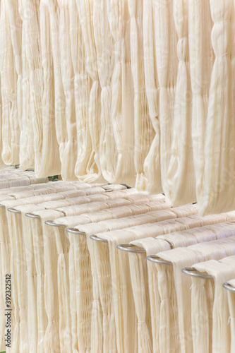 Loops of freshly spun silk thread