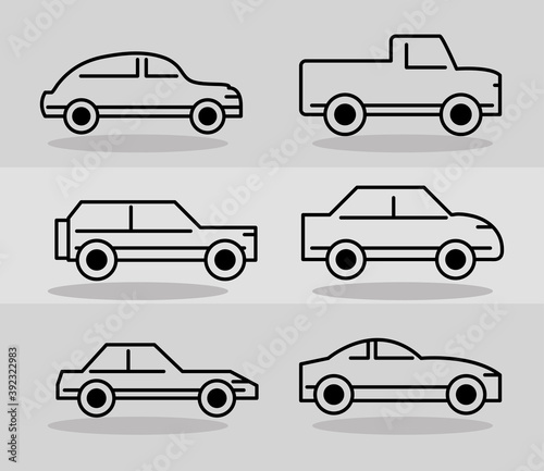 set of various cars side view transport vehicle  line icons on gray background