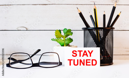 STAY TUNED written on a white business card next to pencils in a stand and glasses. Nearby is a potted plant.