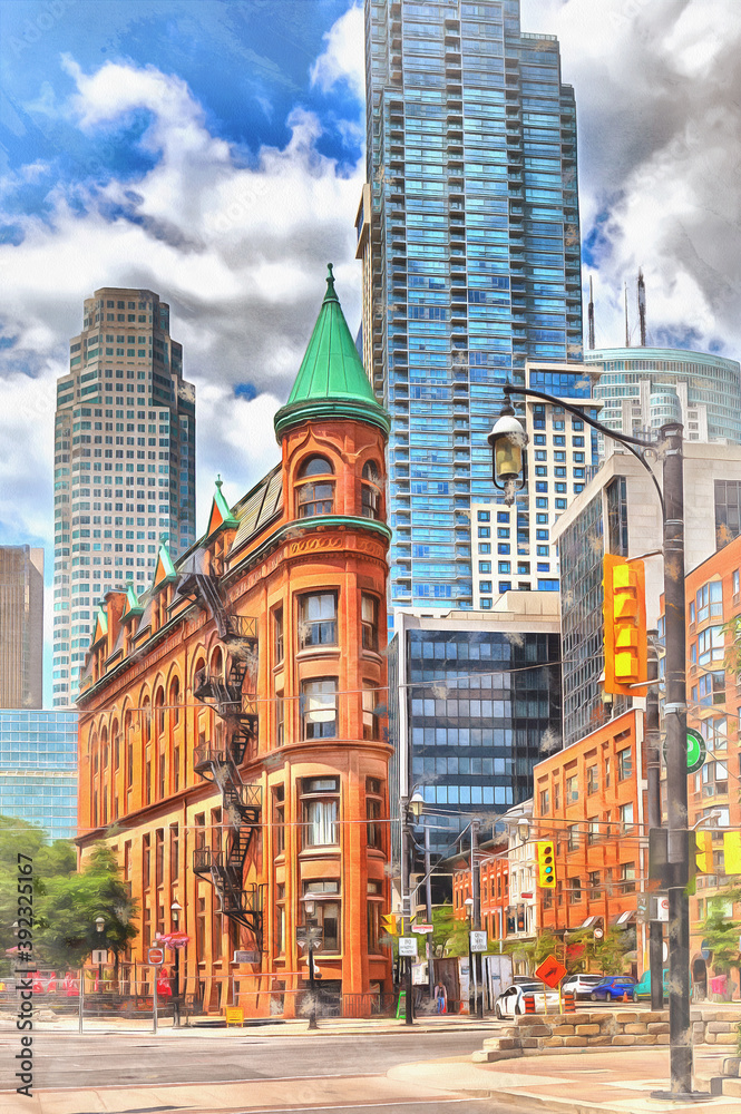 Obraz premium Historic Gooderham Building colorful painting, 1892, Toronto Ontario Canada.