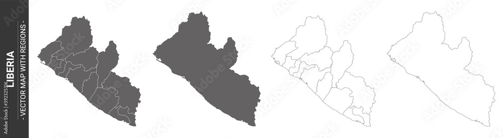 set of 4 political maps of Liberia with regions isolated on white background