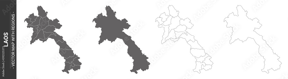 set of 4 political maps of Laos with regions isolated on white background