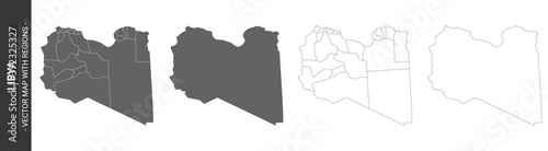 set of 4 political maps of Libya with regions isolated on white background