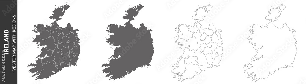 set of 4 political maps of Ireland with regions isolated on white background