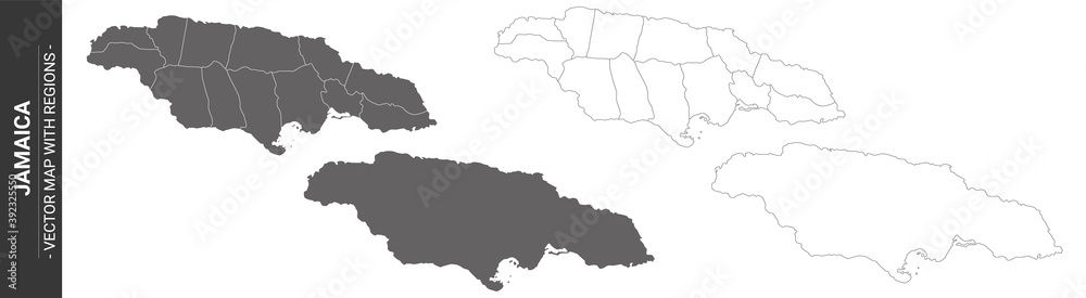 set of 4 political maps of Jamaica with regions isolated on white background