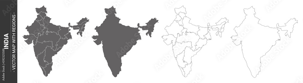 set of 4 political maps of India with regions isolated on white ...