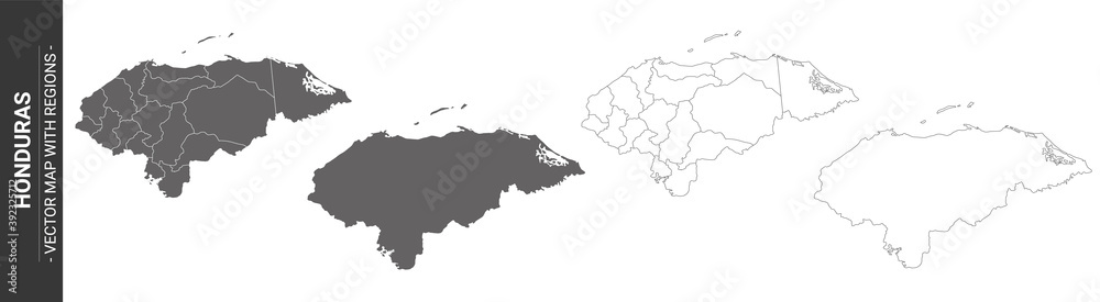 set of 4 political maps of Honduras with regions isolated on white background
