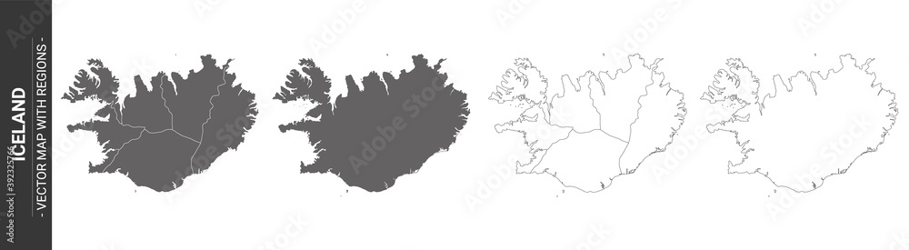 set of 4 political maps of Iceland with regions isolated on white background