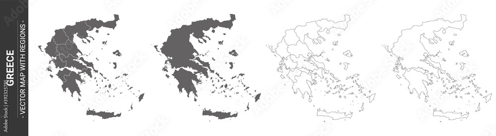 set of 4 political maps of Greece with regions isolated on white background