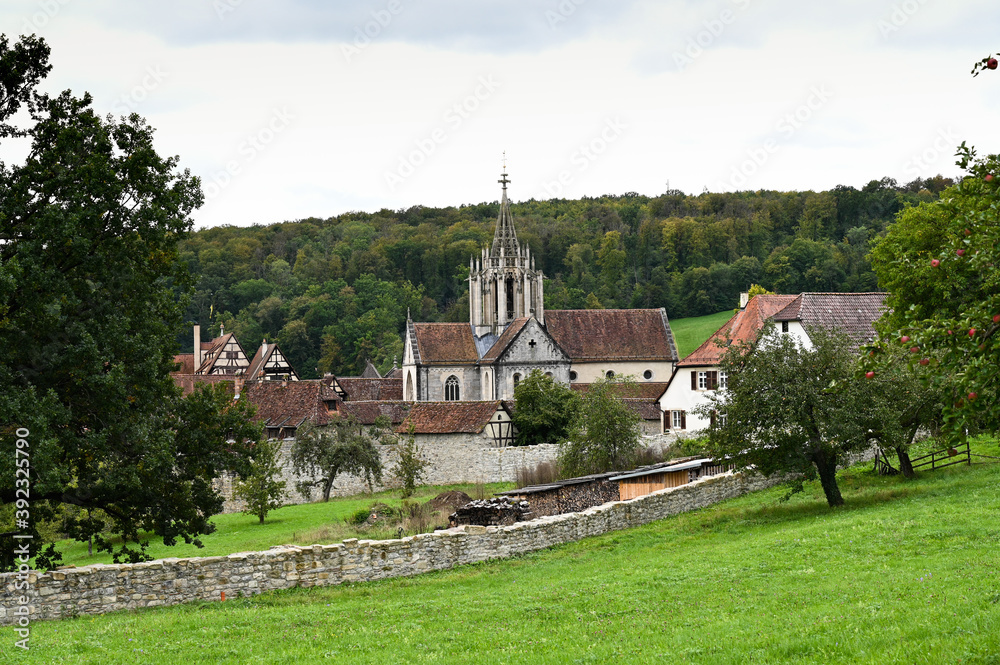 Beautiful view of the village of Bebenhausen with its abbey and historical half-timbered houses. The village is surrounded by colorful forest and fresh green meadows. Beautiful view of the village of Bebenhausen with its abbey and historical half-timbered houses. The village is surrounded by colorful forest and fresh green meadows.