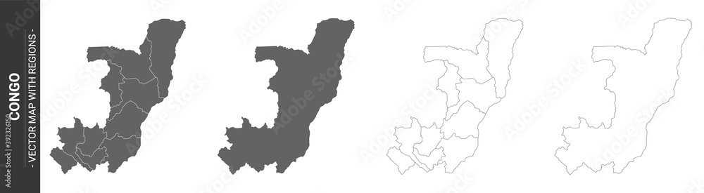 set of 4 political maps of Congo with regions isolated on white background