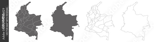 set of 4 political maps of Columbia with regions isolated on white background