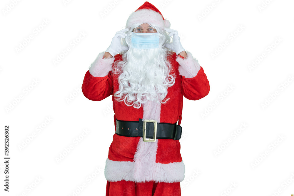 Santa wears covid medical mask. Santa Claus with respirator on white background. Safety Christmas Santa wears covid medical mask. Santa Claus with respirator on white background. Safety Christmas