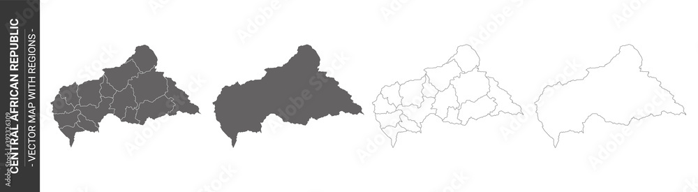 set of 4 political maps of Central African Republic with regions isolated on white background