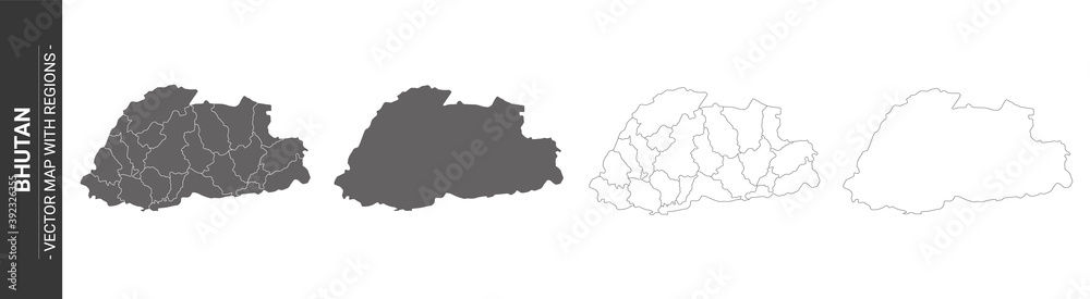 set of 4 political maps of Bhutan with regions isolated on white background