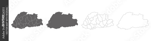 set of 4 political maps of Bhutan with regions isolated on white background