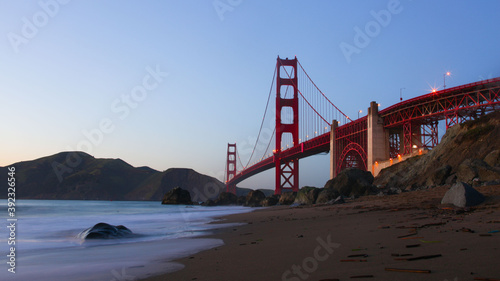 San Francisco view of the Golden Gate Bridge from Baker Beach at sunset