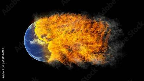 A  dramatic animation of the world on fire with the Americas visible to symbolize climate change and global warming