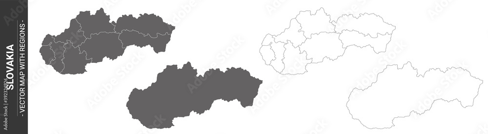 set of 4 political maps of Slovakia with regions isolated on white background