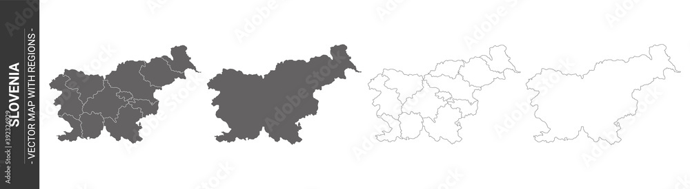 set of 4 political maps of Slovenia with regions isolated on white background