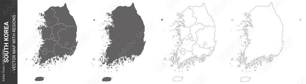 set of 4 political maps of South Korea with regions isolated on white background set of 4 political maps of South Korea with regions isolated on white background