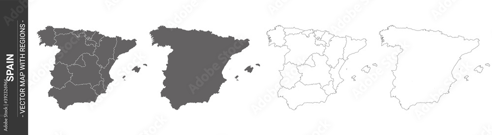 set of 4 political maps of Spain with regions isolated on white background